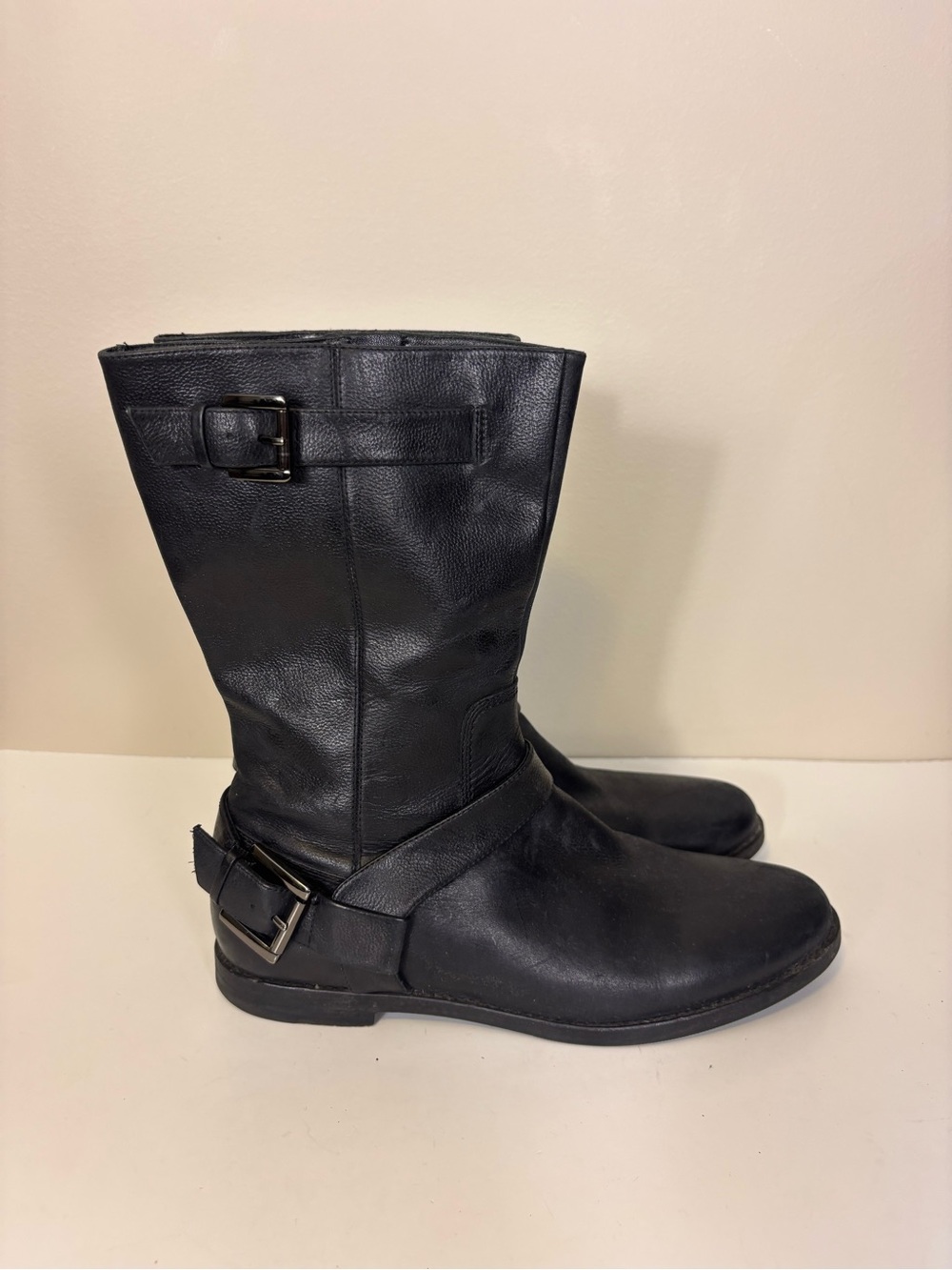 Cole Haan Classic Black Leather Mid-Calf Buckle Side Boots Size 9